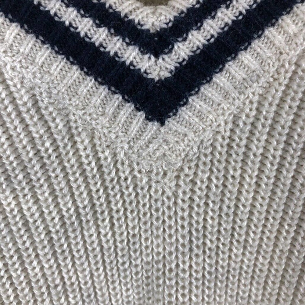 EDDIE Bauer Sweater Cream Knit Varsity Stripe V Pullover Casual Sz X Large Tall - Picture 5 of 13